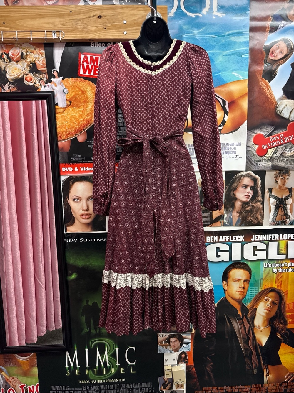 Gunne Sax Burgundy and Cream Lace-Trim Midi Dress - Picture 2 of 5